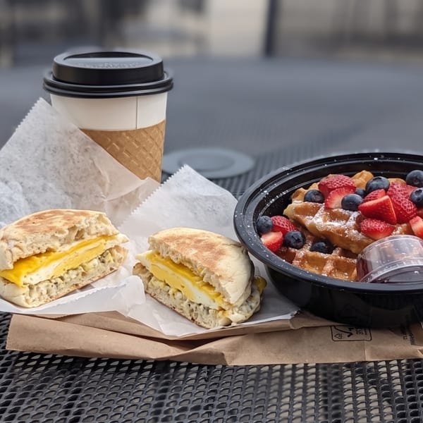 Breakfast sandwiches, berry waffles, and coffee on a black mesh outdoor table.